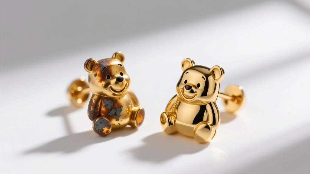 Macro shot of a tarnished gold-plated Pooh earring beside a pristine 14k solid gold version, showing differences in metal luster.
