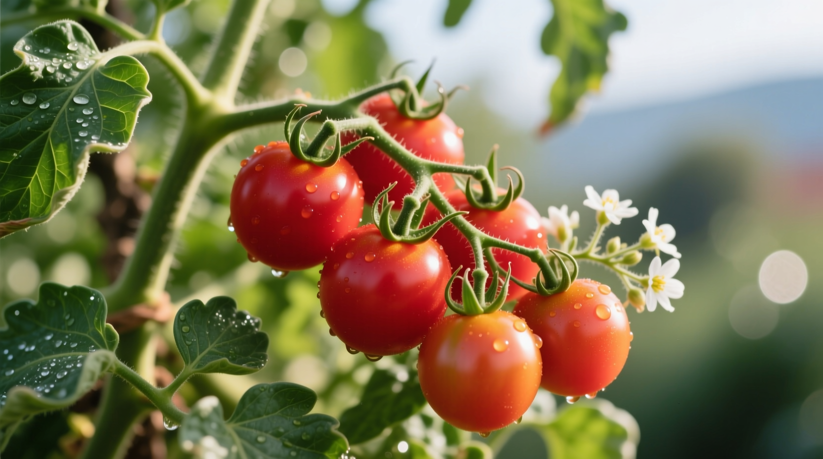 Little Napoli tomatoes on vine with green leaves
