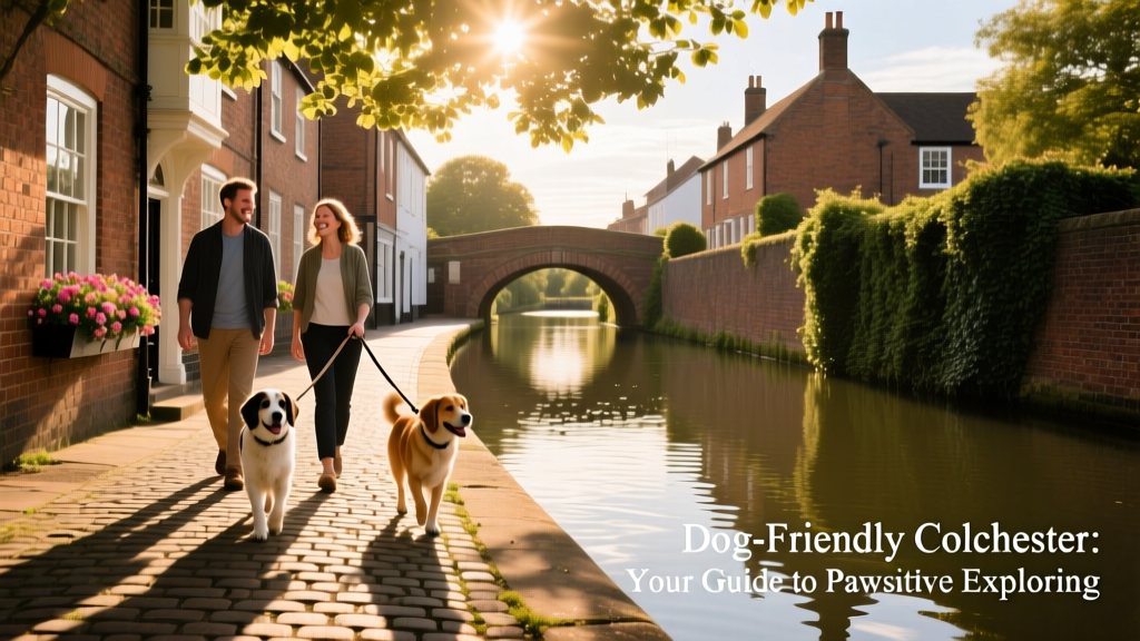 Sun-dappled canal path in Colchester with dogs on leashes walking beside historic brick buildings