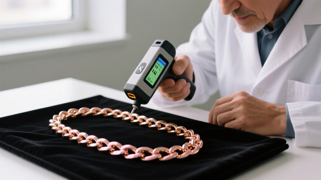 A gemologist using a handheld XRF analyzer gun to test the purity of a thick 14k rose gold Cuban link chain on a black velvet pad.