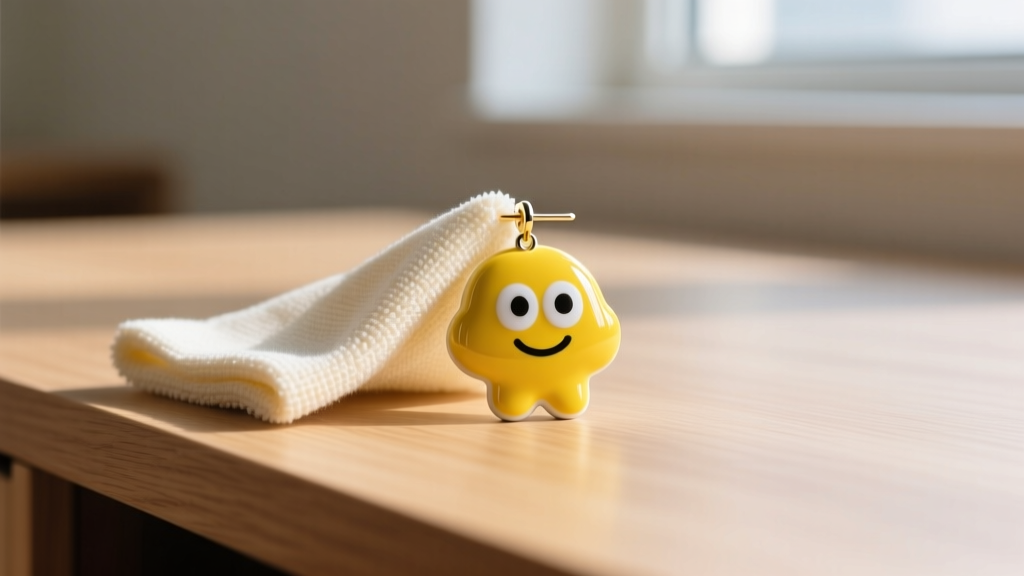 Soft microfiber cloth gently wiping the enameled face of a yellow cartoon character earring, avoiding the post, on a wooden desk.