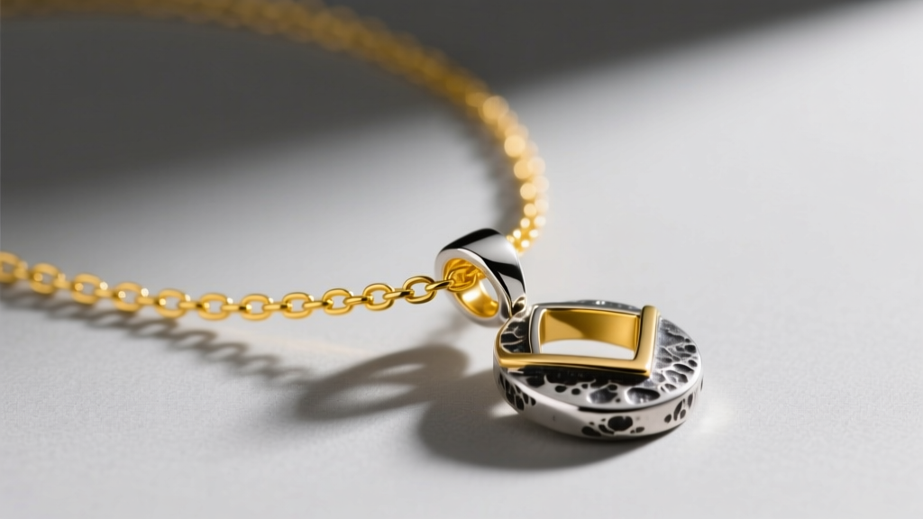 Macro shot of a two-tone demi-fine bridge necklace connecting a yellow gold fine chain and an oxidized silver fashion pendant