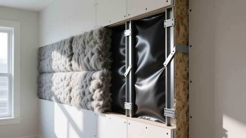 Cross-section of a residential wall showing mineral wool batts, mass loaded vinyl, and resilient channels for soundproofing