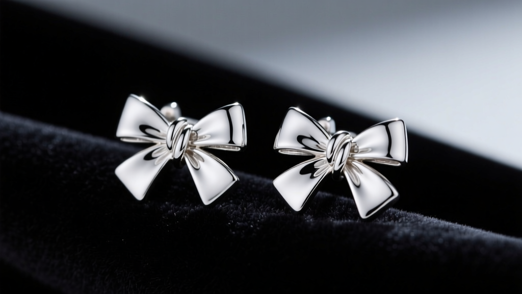 Sterling silver bow earrings on black velvet, showing rhodium-plated finish and soldered center knots under soft studio lighting