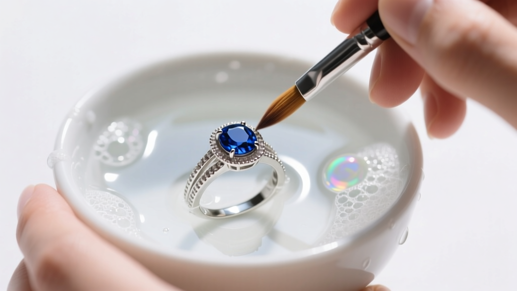 Hands using a soft brush and soapy water to clean a custom sapphire ring resting inside a small white ceramic bowl under bright light