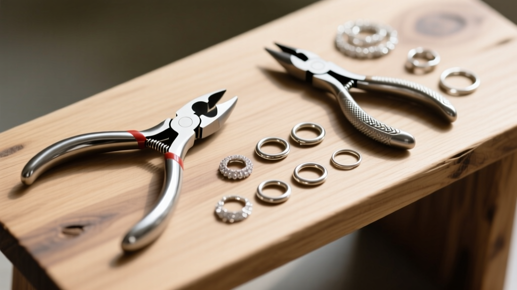 Flat lay of jewelry repair tools including chain-nose pliers, flush cutters, and assorted silver jump rings on a wooden bench.