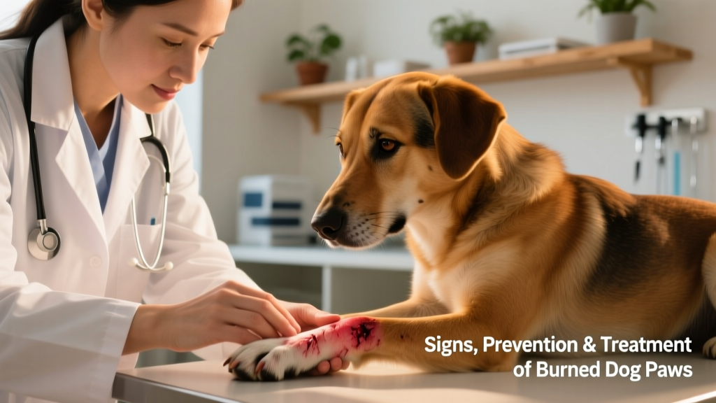 Veterinarian gently examining a dog's paw for burns