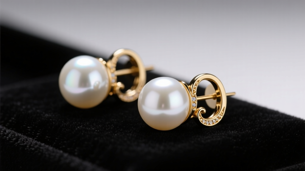 Valentino pearl earrings on dark velvet, studio lighting highlighting white pearl surfaces and detailed gold brass hardware.