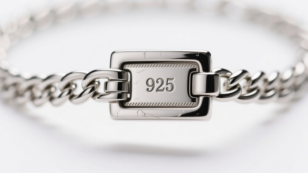 Macro shot of a sterling silver box chain clasp showing the tiny 925 hallmark stamp clearly under bright, soft studio lighting.