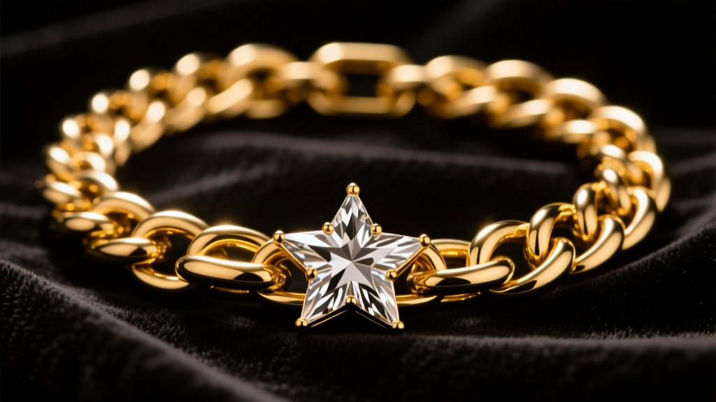 Close-up of a heavy gold vermeil Cuban link chain with a star pendant resting on dark velvet under warm, moody studio lighting.