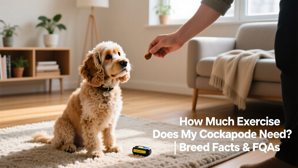 Cockapoo engaged in a fun indoor training session with treats and a clicker, sitting attentively beside a cozy rug