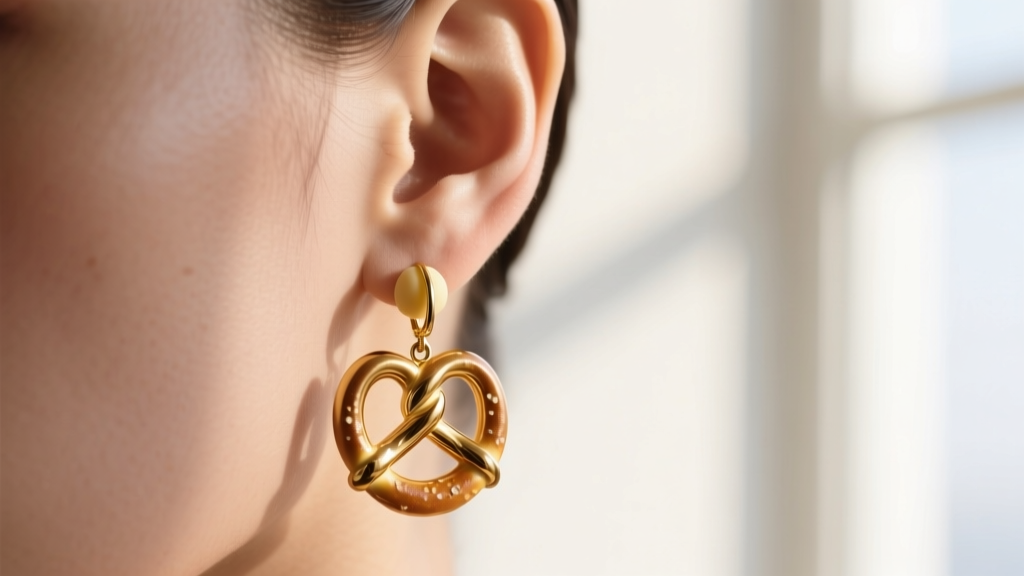 Side profile of a gold pretzel dangle earring secured by a silicone ear nut, showing proper weight distribution on a model earlobe.