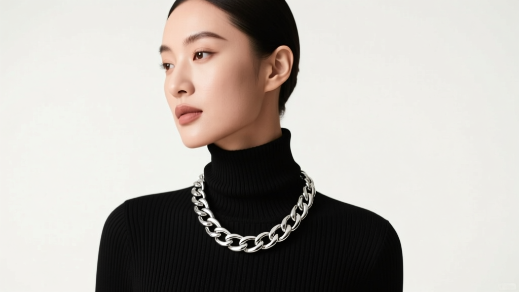 Woman wearing a thick 20mm sterling silver Cuban link statement necklace over a black ribbed turtleneck, soft studio lighting.