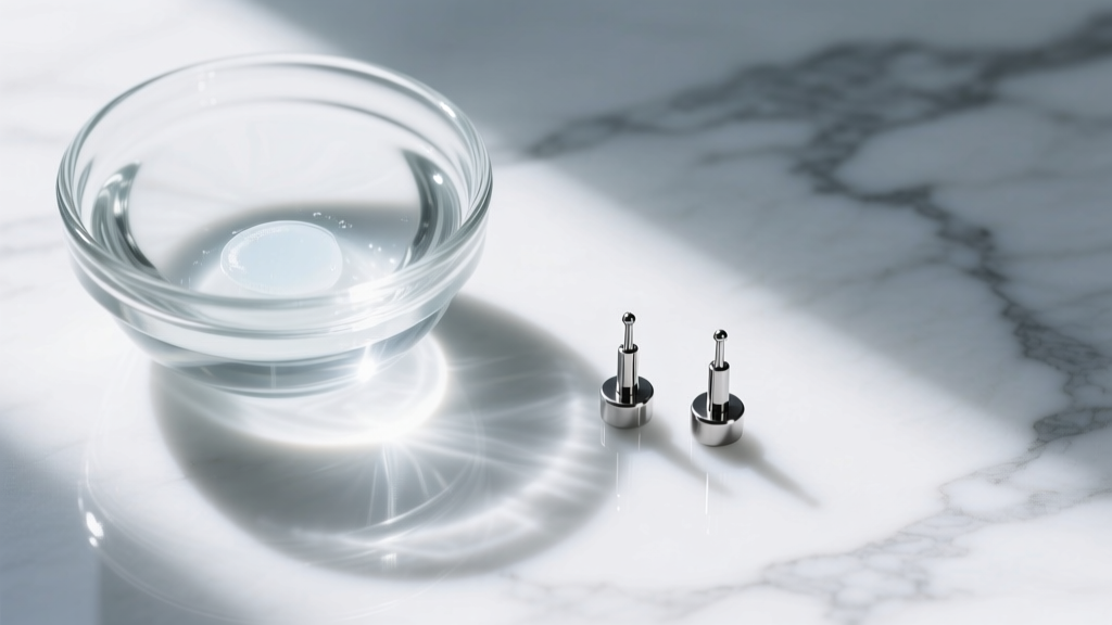 Glass bowl of sterile saline next to titanium labret studs on a marble surface, shot from a high angle in bright natural daylight