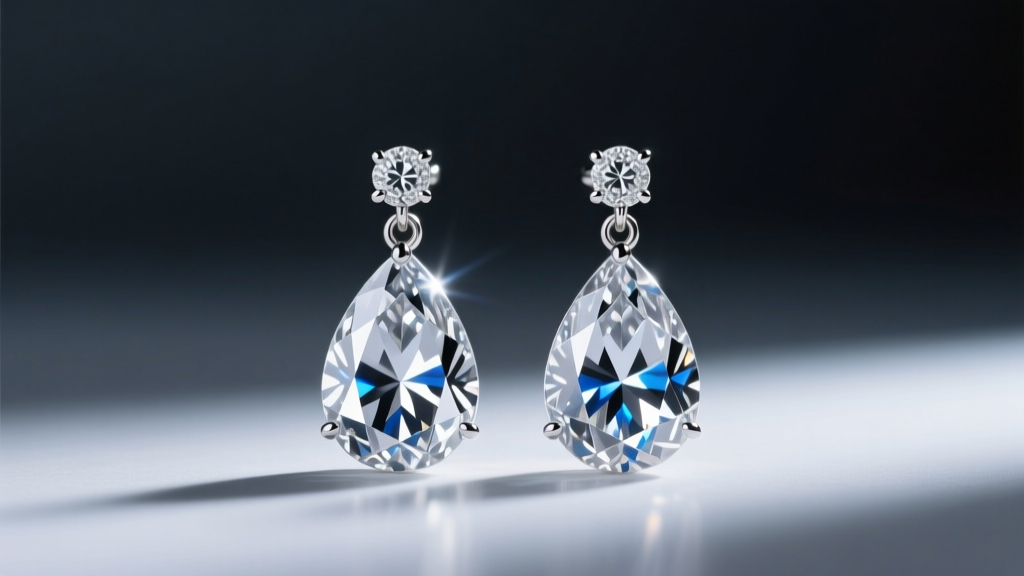 Platinum diamond pear drop earrings catching soft studio light, highlighting teardrop facets against a blurred dark backdrop