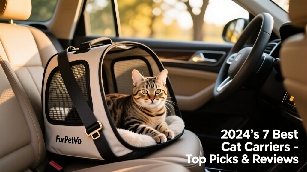 Cat comfortably resting inside a FurPetVo carrier on a car seat, with seatbelt threaded through loops and window mesh visible