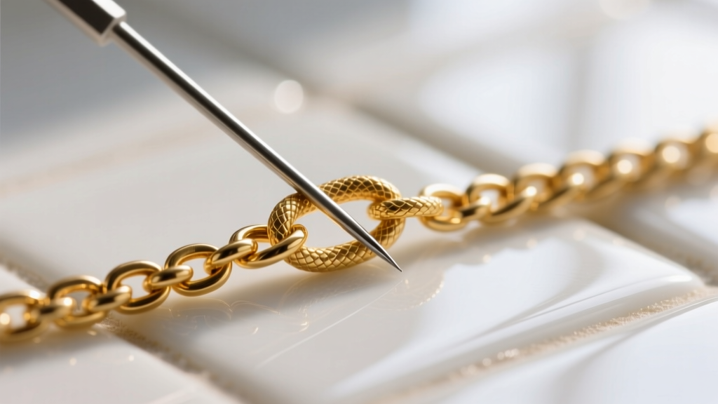 Steel needles gently prying apart a microscopic knot in a delicate 1mm 18k gold snake chain resting on a smooth white ceramic tile