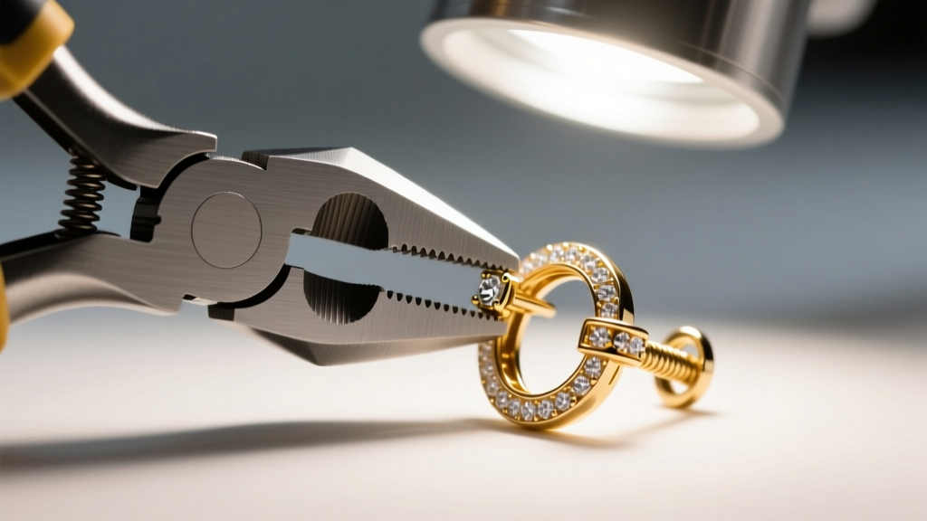 Nylon-jaw pliers adjusting the tension of an omega clip on statement earring mechanism under a bright magnifying jewelry lamp.