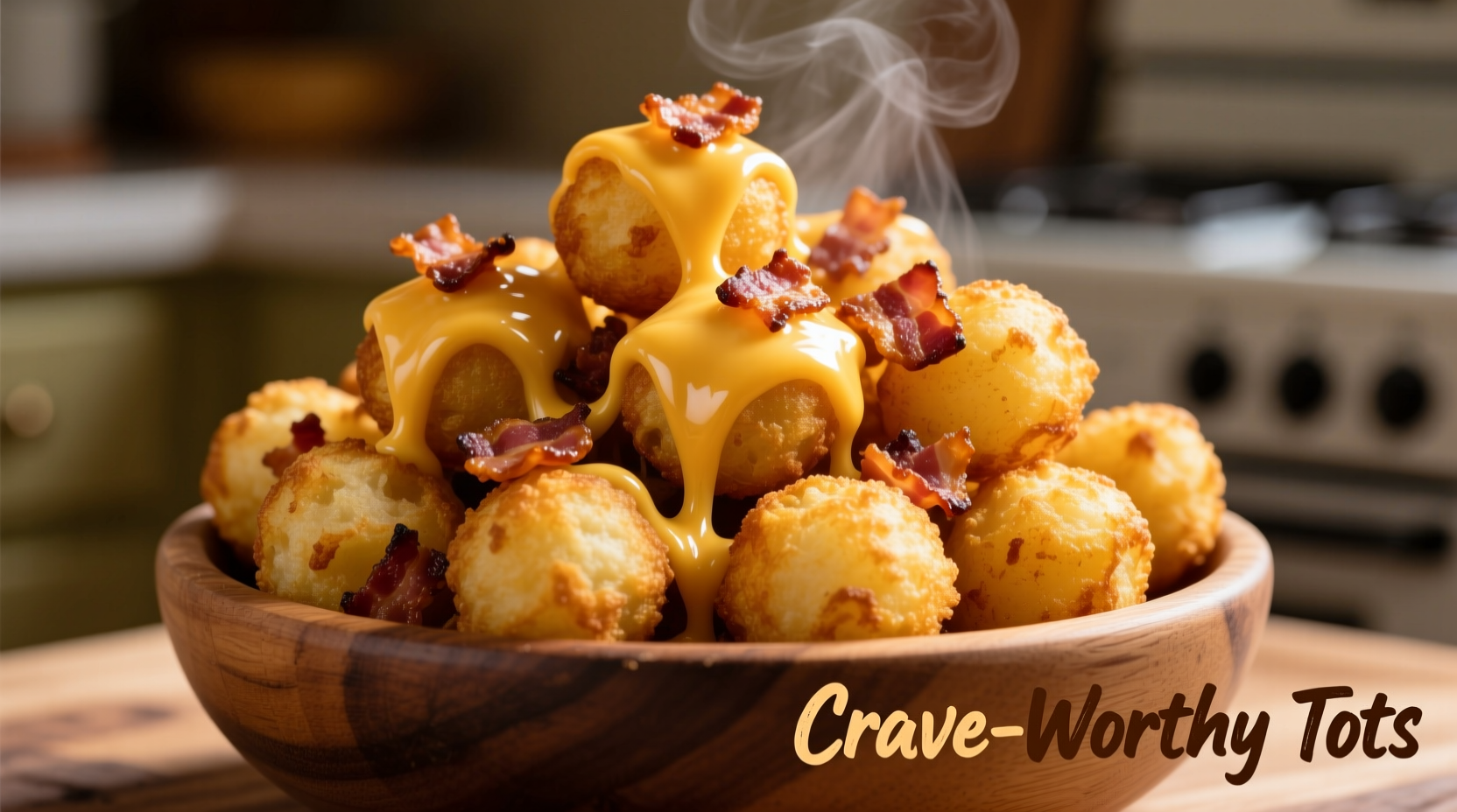 Golden loaded potato tots with melted cheese and bacon