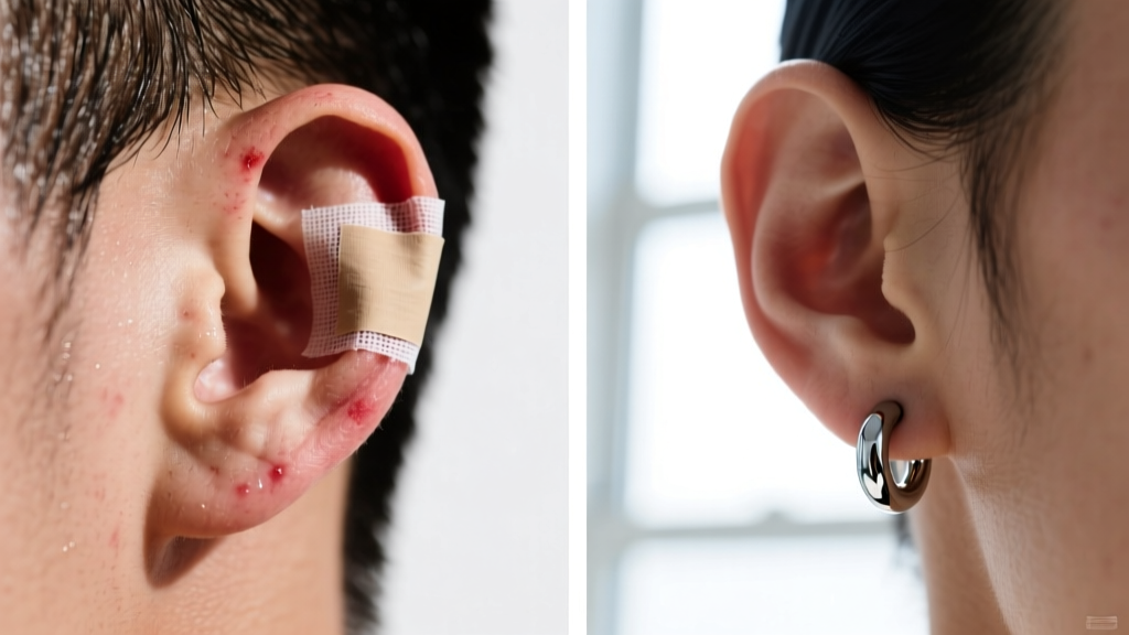 Split-screen of a taped earlobe with peeling tape versus a clean ear wearing a seamless titanium clicker hoop earring after a game