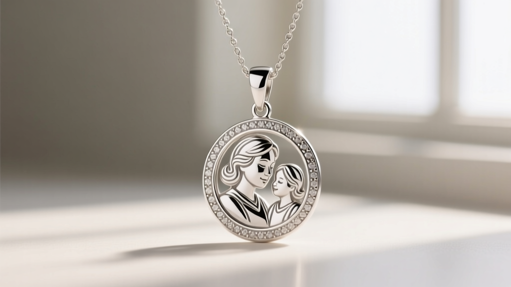 Close-up of sterling silver James Avery Mother's Love pendant on cream linen, warm lighting highlighting intricate heart cutouts.