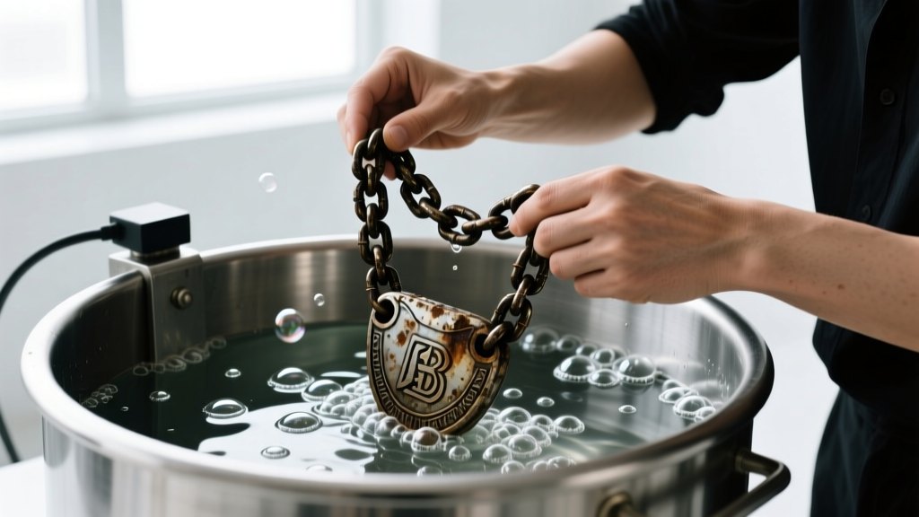 Jeweler using an ultrasonic cleaner to wash a heavy sweat-tarnished boxing pendant chain, with bubbles rising in the steel tank.