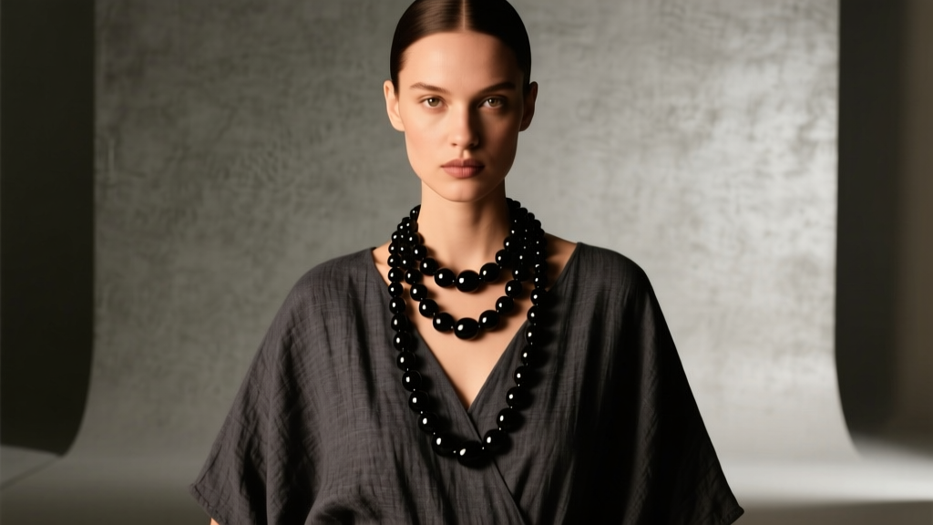 Editorial shot of a model wearing a layered 8mm matte onyx monk necklace over a dark charcoal linen tunic in moody studio light