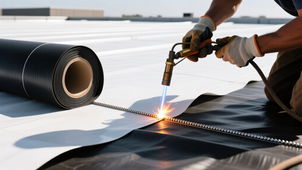 Close-up of a roofing contractor welding a white TPO membrane seam next to a black EPDM rubber roll on a flat commercial rooftop