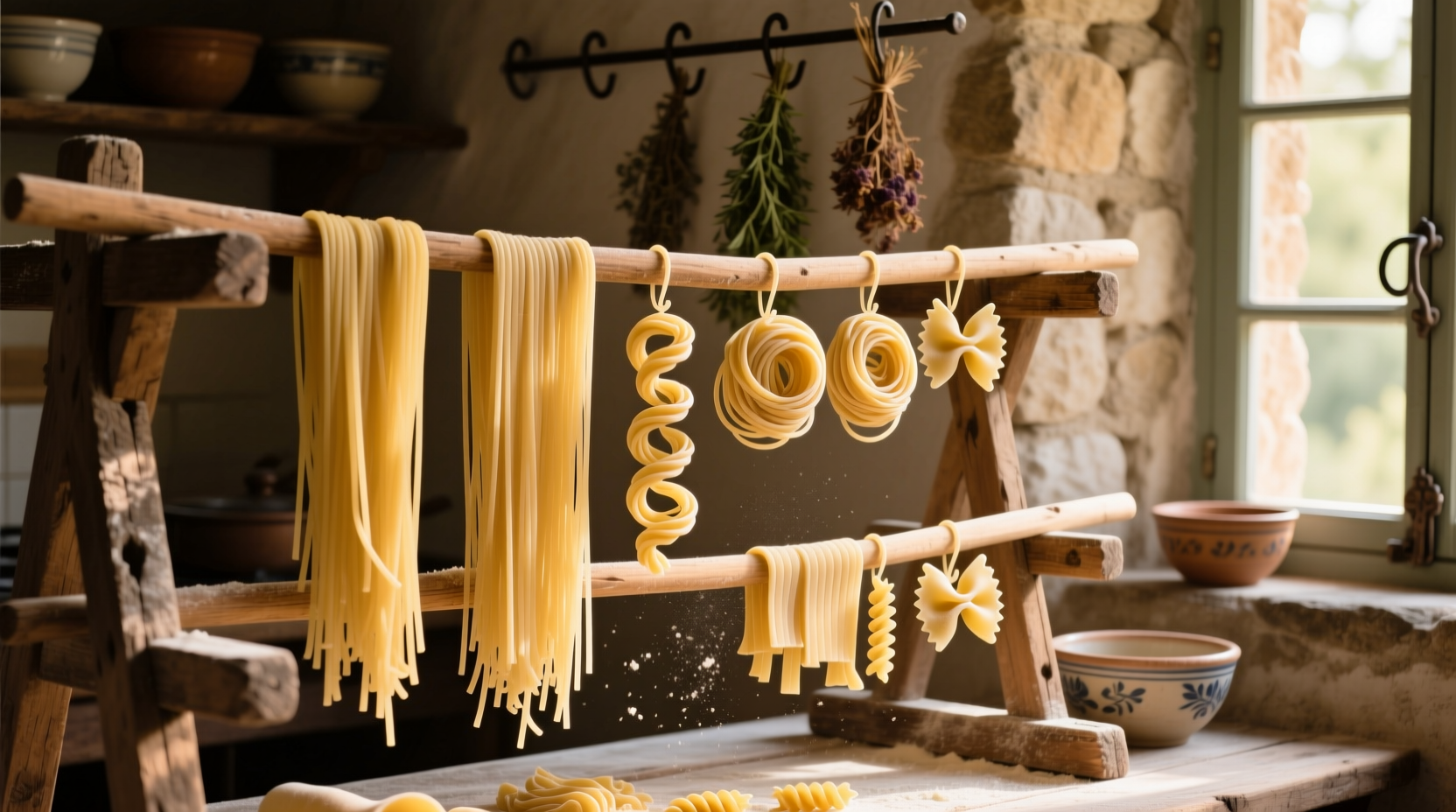 Traditional pasta shapes drying on wooden racks