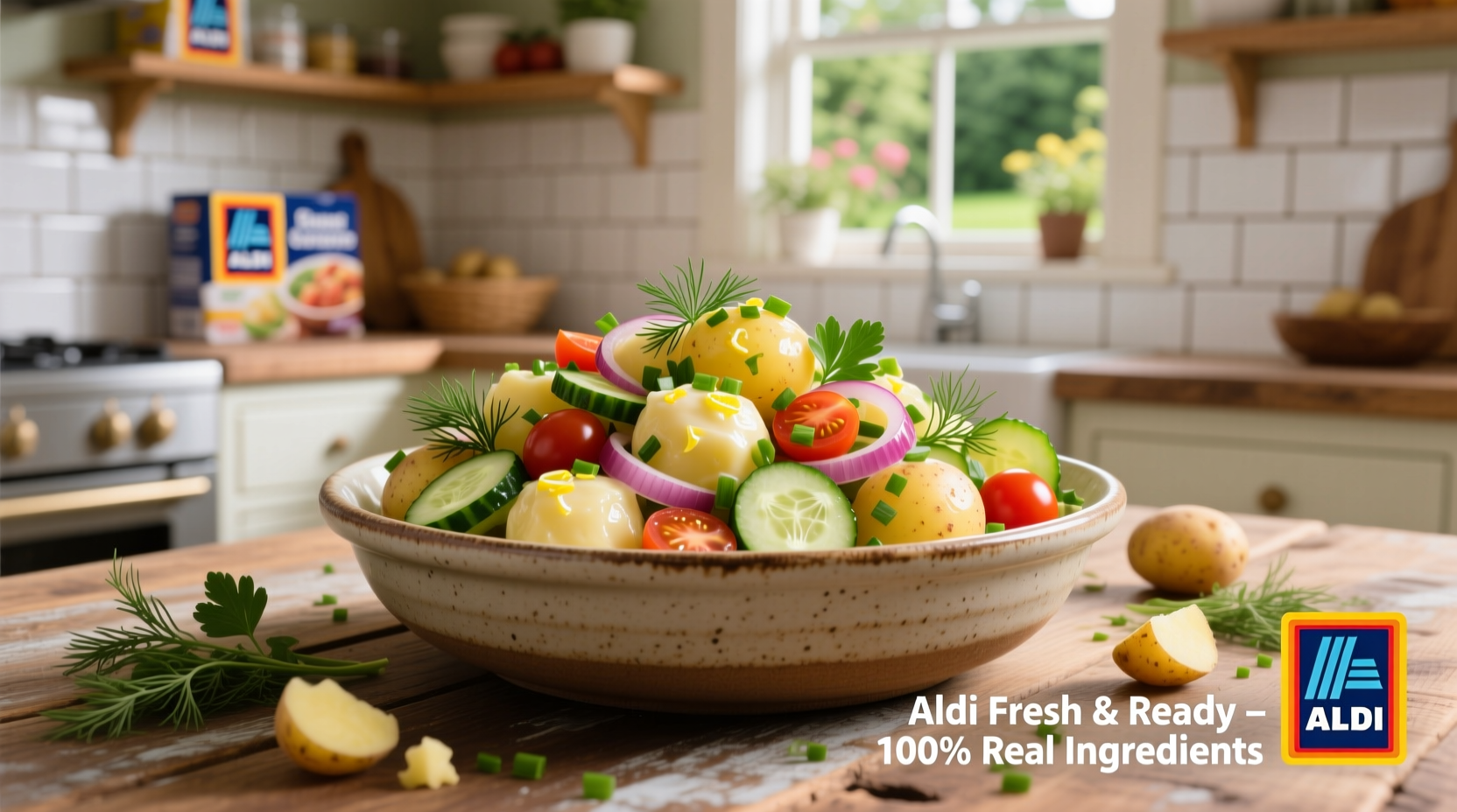 Aldi potato salad in serving bowl with fresh herbs