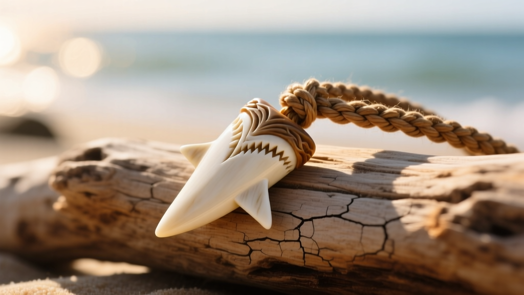 Carved bone shark tooth pendant on a braided hemp cord resting on sun-bleached driftwood under soft, warm ocean lighting.