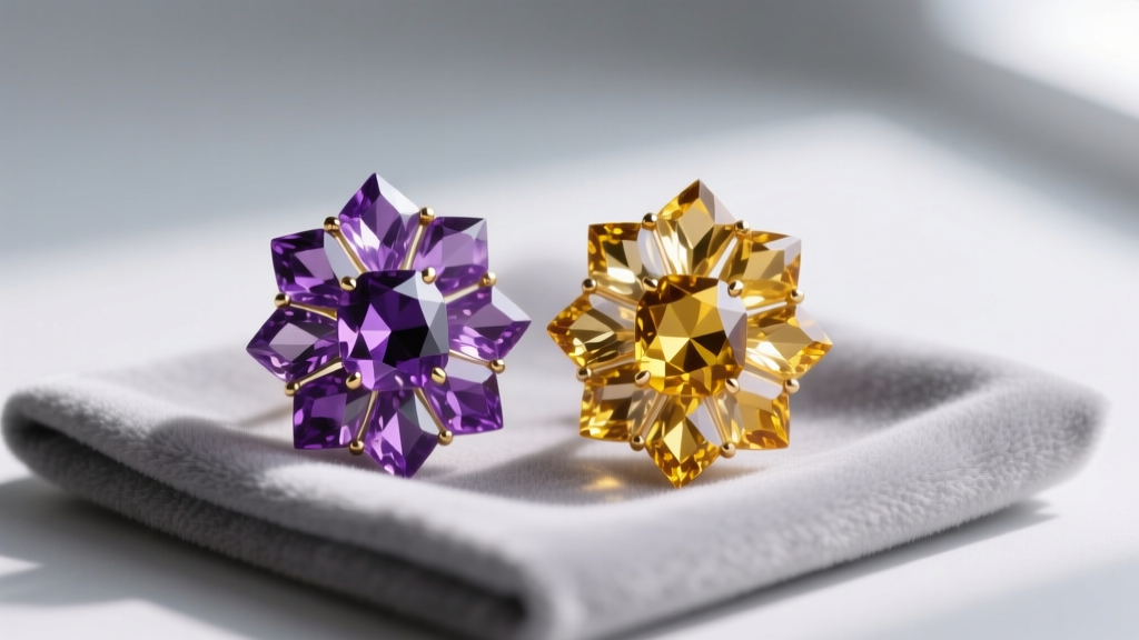 Macro shot of clustered amethyst and citrine gemstone chip earrings resting on a soft gray velvet jewelry cleaning cloth