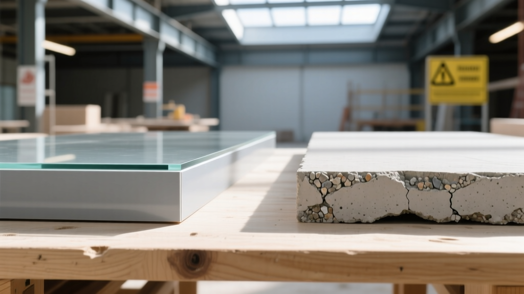 Close-up comparison of a gray glass mat gypsum board edge and a rough cement board edge resting on a wooden workbench in a bright construction site