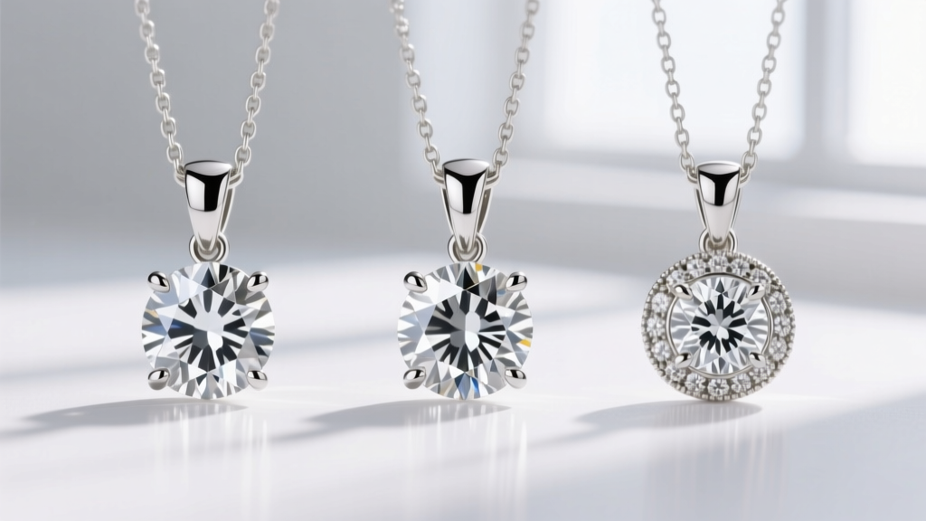 Side profile view comparing a 4-prong, 6-prong, and bezel setting for a 2 carat diamond pendant, rendered in 18k white gold.