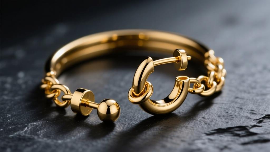 Close-up of a 14k gold cuff earring chain connecting a helix cuff to a lobe stud on dark slate with soft directional lighting.