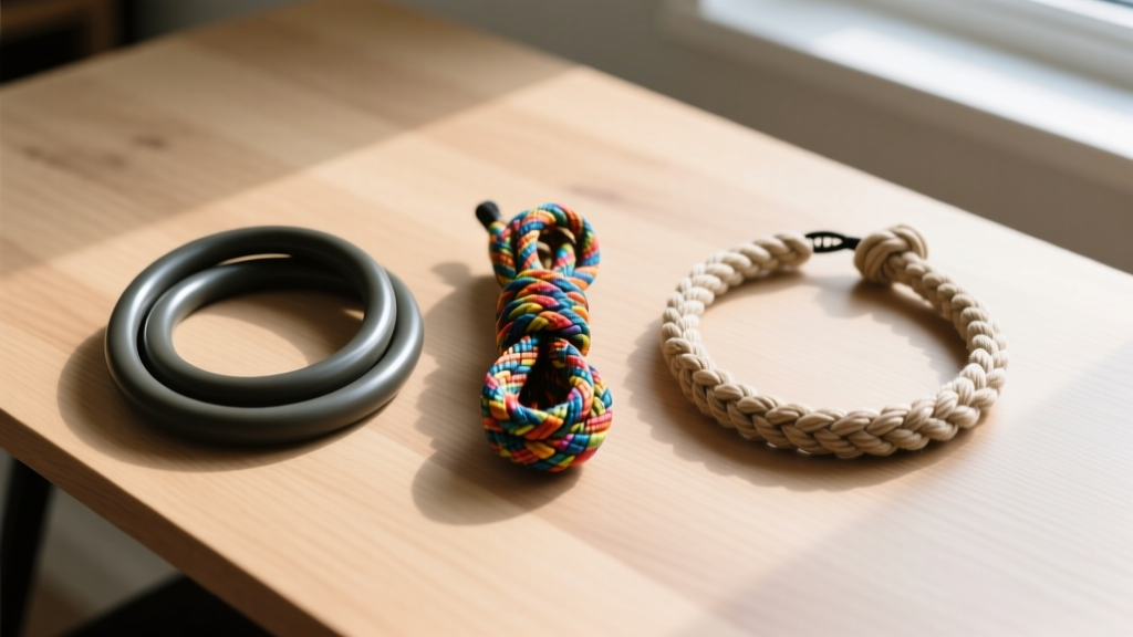 Overhead view of woven paracord, smooth silicone, and braided cotton panic necklace cords laid side by side on a light wooden desk