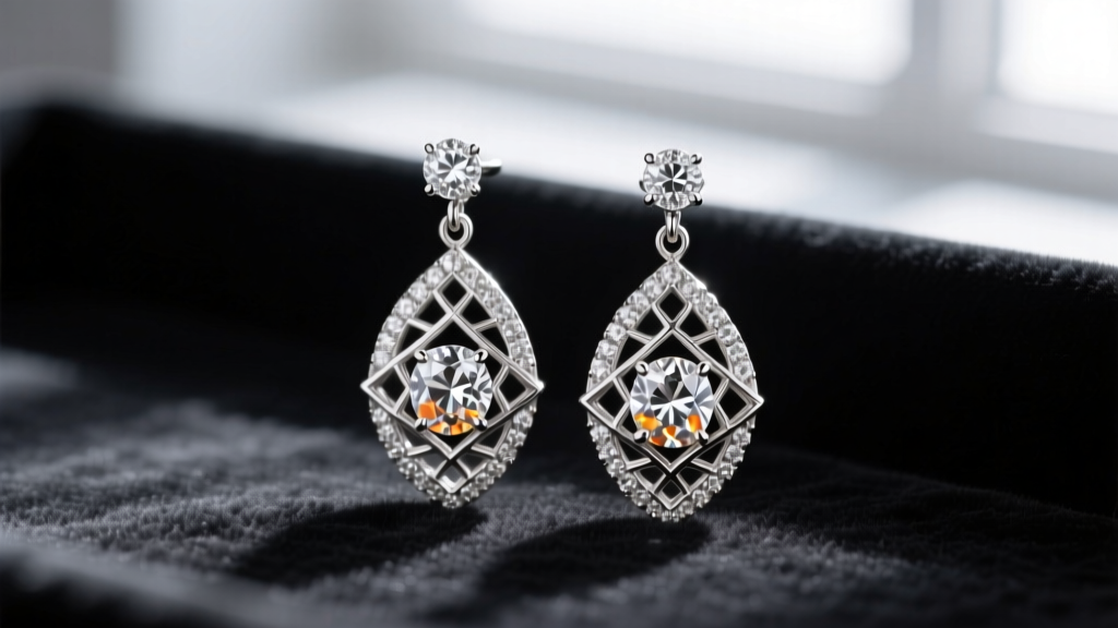 Macro shot of platinum Art Deco diamond drop earrings with geometric filigree and Old European cut stones resting on dark velvet.