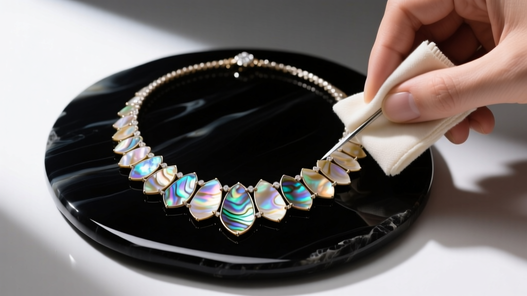 Jeweler cleaning an abalone inlay necklace with a microfiber cloth, black onyx backing visible under bright studio lighting.