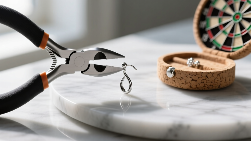 Nylon pliers straightening a bent 18-gauge sterling silver earring post next to a small cork-backed dart board jewelry organizer.