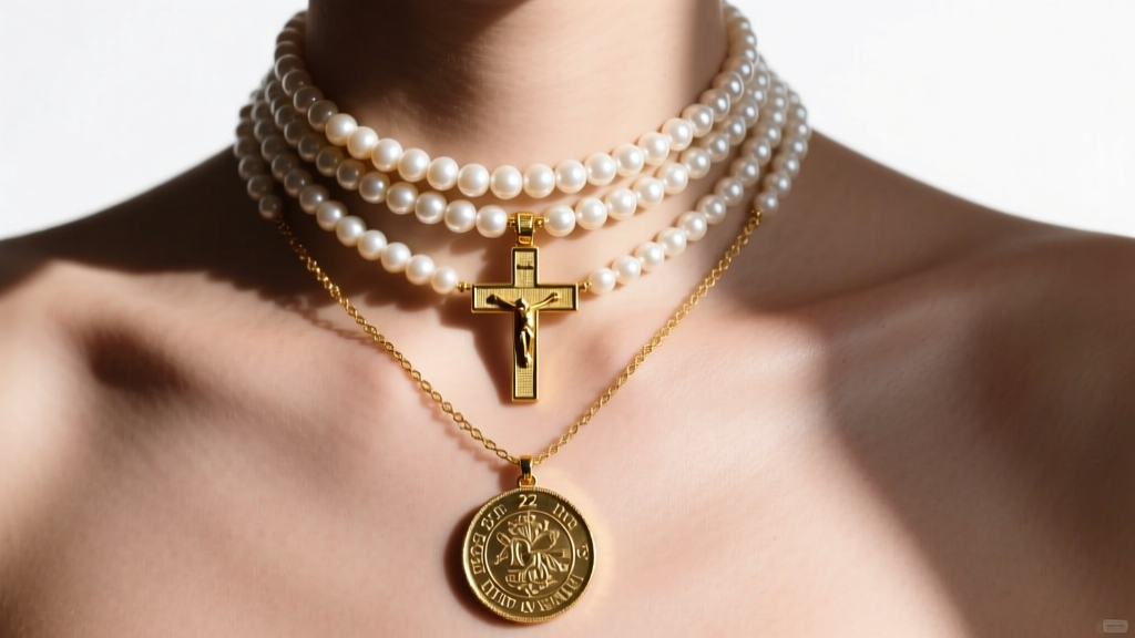 Neckline showcasing a layered jewelry set with a 16-inch pearl choker, an 18-inch gold crucifix, and a 22-inch gold coin pendant.