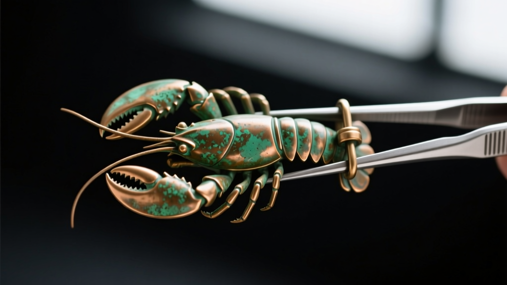 Macro shot of a bronze necklace lobster clasp showing slight green copper oxidation, held by tweezers against a blurred dark backdrop.