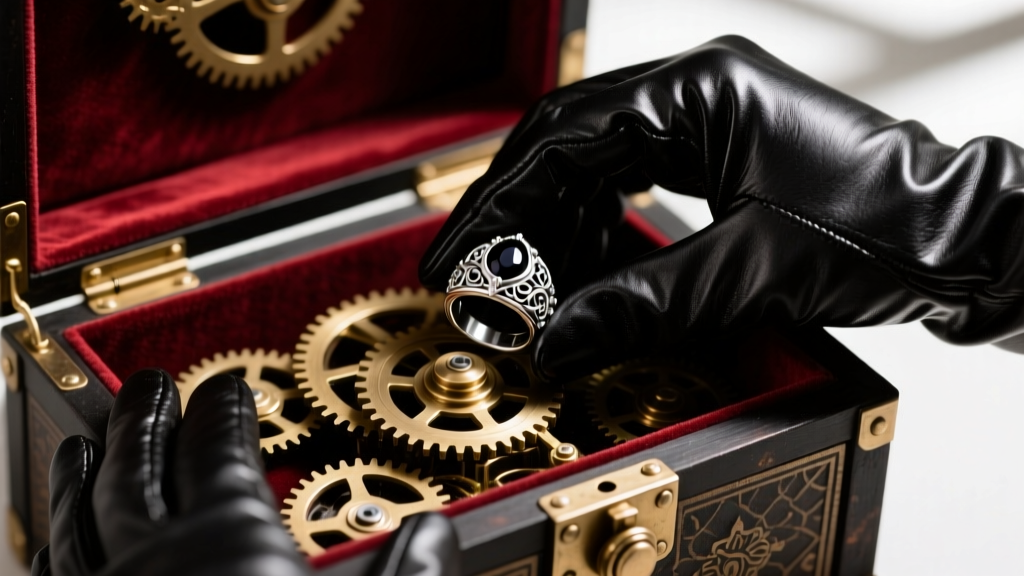 Hands in black leather gloves placing a heavy silver gothic ring into a velvet-lined compartment of a mechanical puzzle vault.