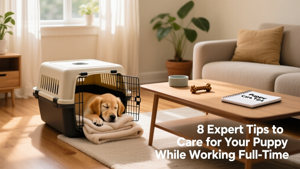 A calm, crate-trained puppy resting comfortably in a tidy, sunlit living room
