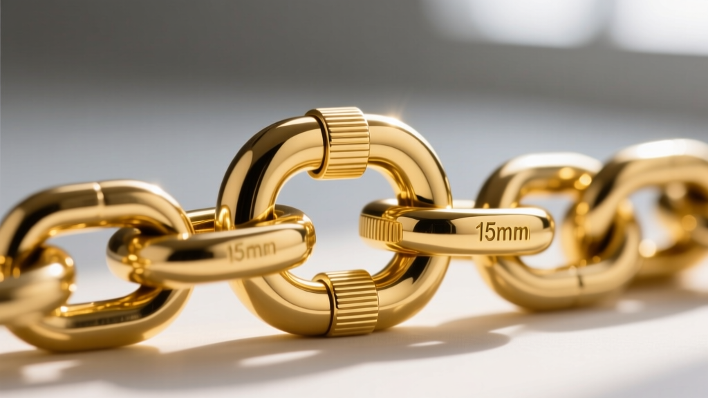 Extreme close-up of a heavy-duty 15mm gold box clasp with a figure-eight safety catch securing a thick, large link gold chain