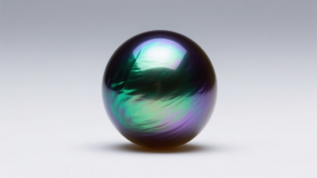 Macro shot of a single Tahitian pearl showing a vivid green and purple peacock overtone under soft directional studio lighting