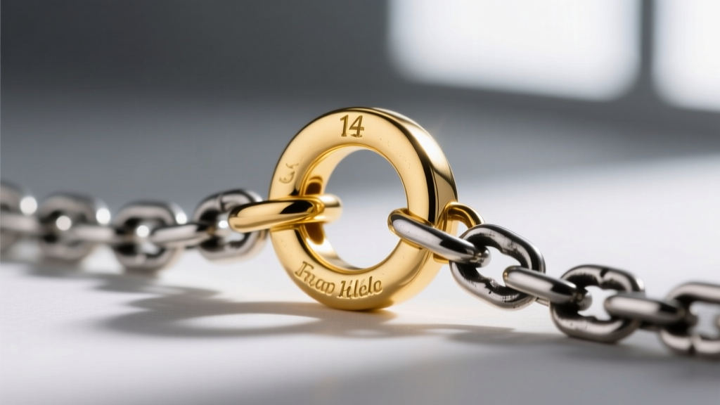 Close-up of a 14k gold-filled enhancer bail with a 5mm inner diameter clipping onto a 4mm oxidized sterling silver rolo chain.