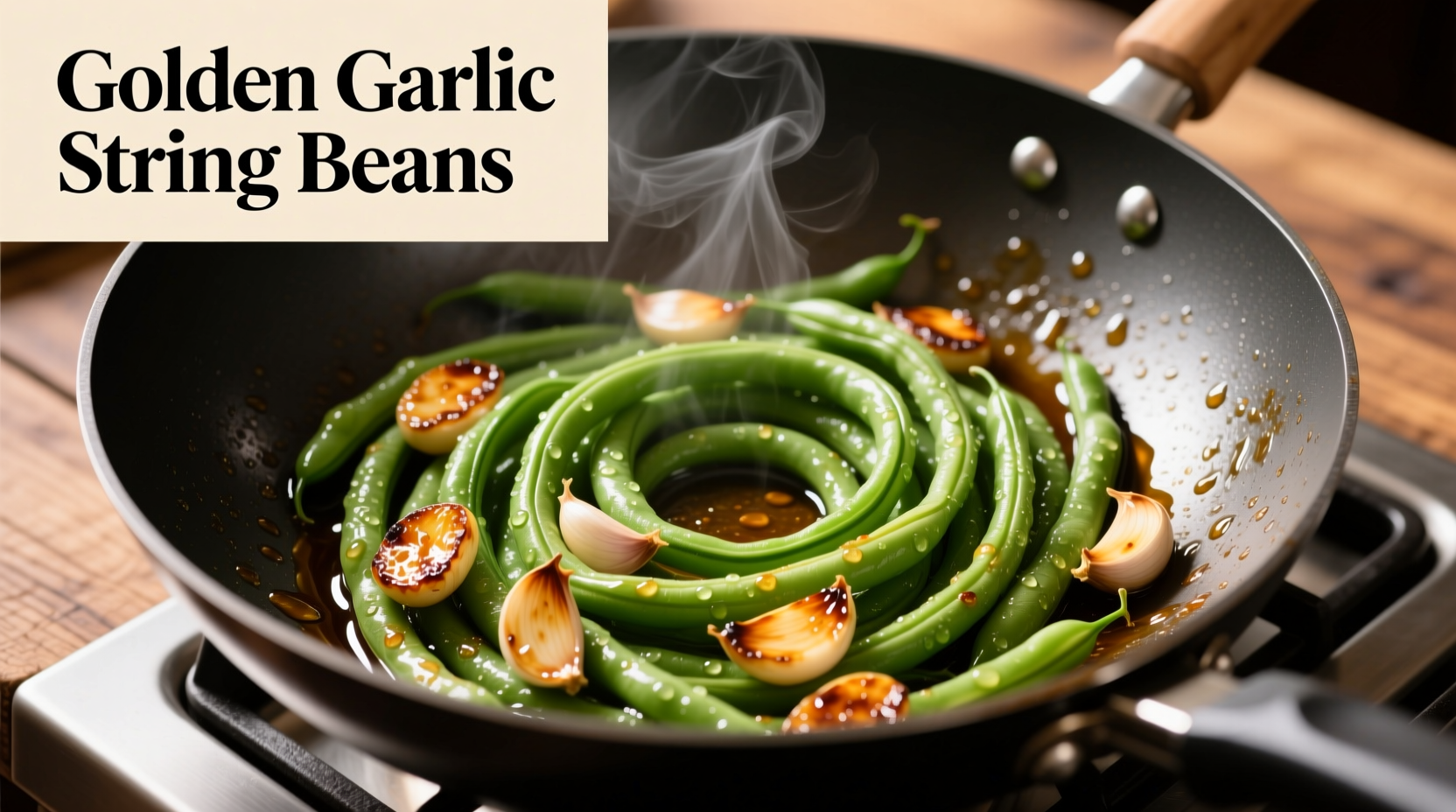 Crisp string beans with golden garlic in wok