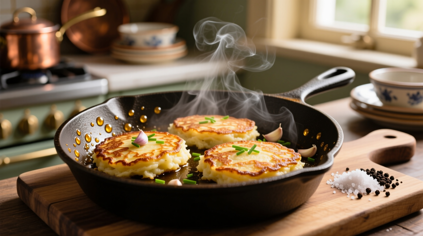 Golden brown mashed potato pancakes sizzling in skillet