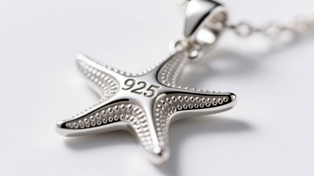 Macro shot of a silver starfish pendant edge showing a 925 hallmark stamp and the polished finish of die-struck sterling metal.