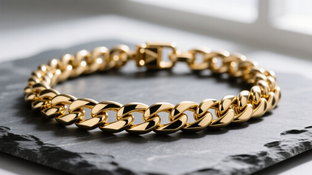 Macro shot of a heavy 10mm 14k gold Cuban link bold statement necklace on slate, highlighting beveled edges and clasp